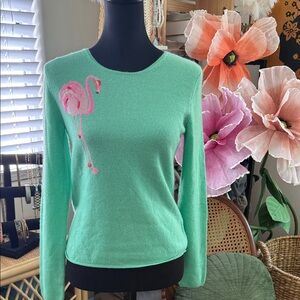 Christopher Fischer Black Label Green Flamingo Long Sleeve Cashmere Sweater